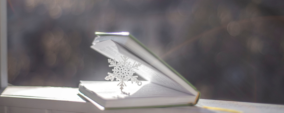Un livre est posé sur le rebord d'une fenêtre, ouvert par un flocon de neige.